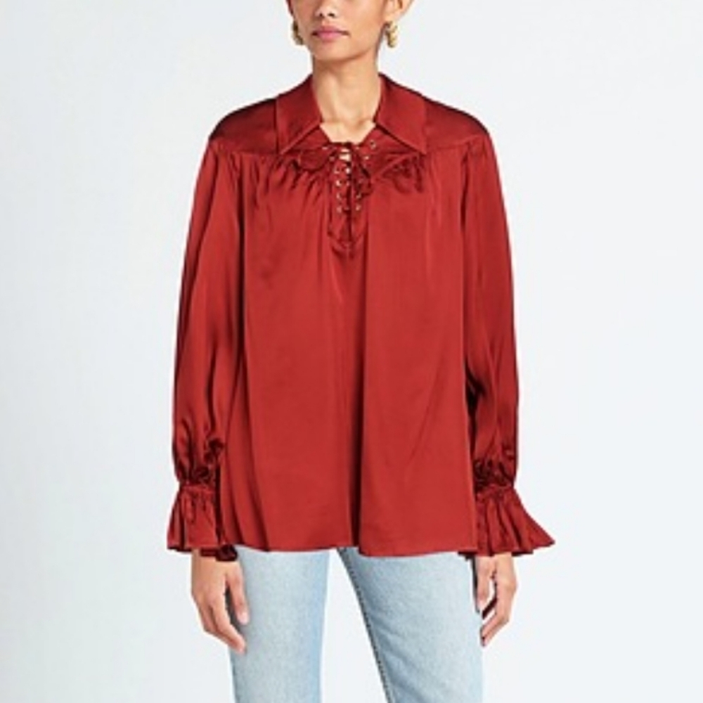 La Semaine Paris NWT Lace Up Pirate Blouse Rust Dora